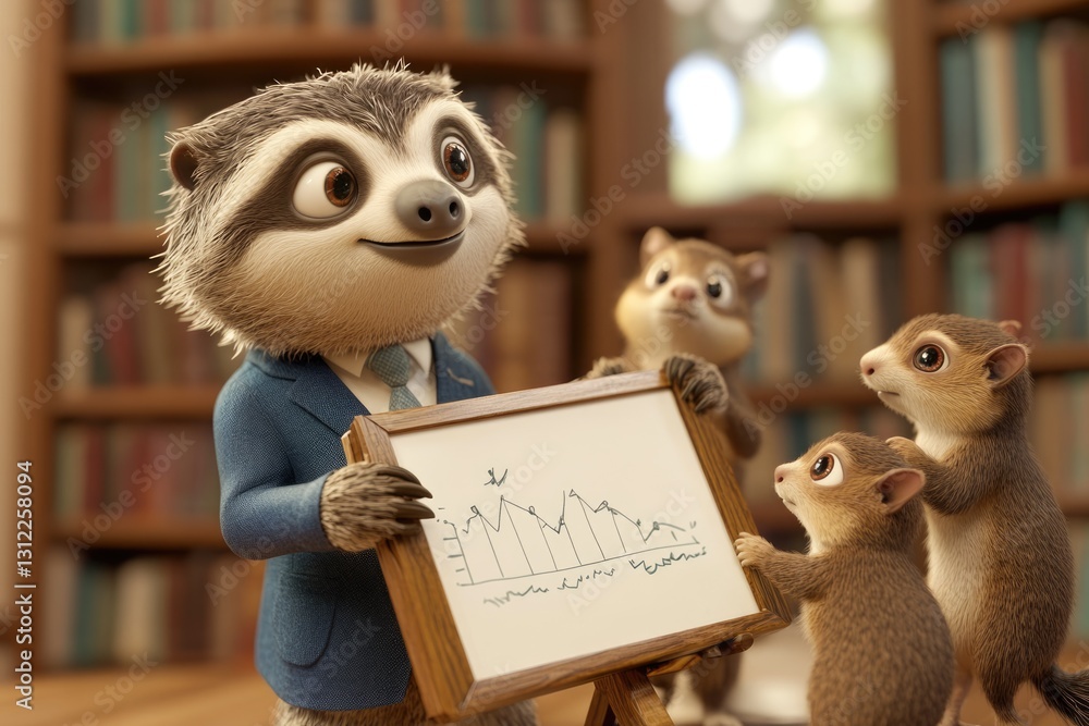 Poster a sloth in a suit presents a graph to three attentive chipmunks in a library setting.