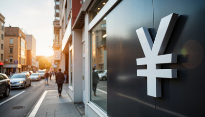 Glossy digital yuan sign on urban street at sunset, modern finance