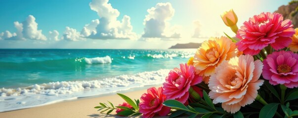 Sun-drenched carnation arrangement, ocean waves backdrop , day, beach, greeting card