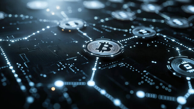 Interconnected Bitcoin Symbols On Glowing Circuit Board