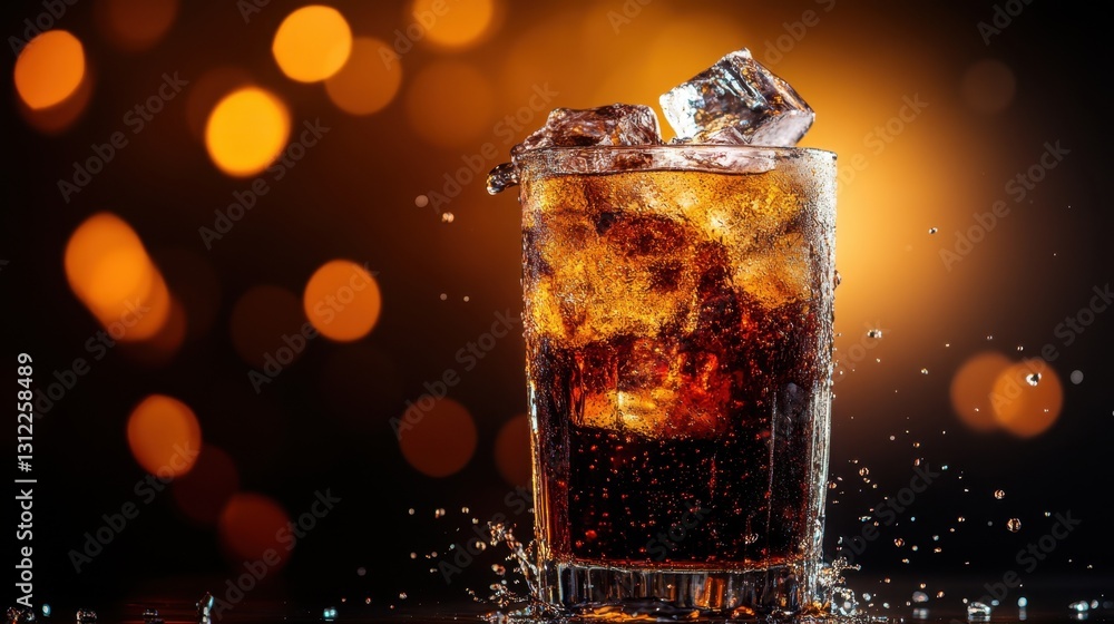 Aufkleber sparkling glass of cola with ice cubes and splashing effect