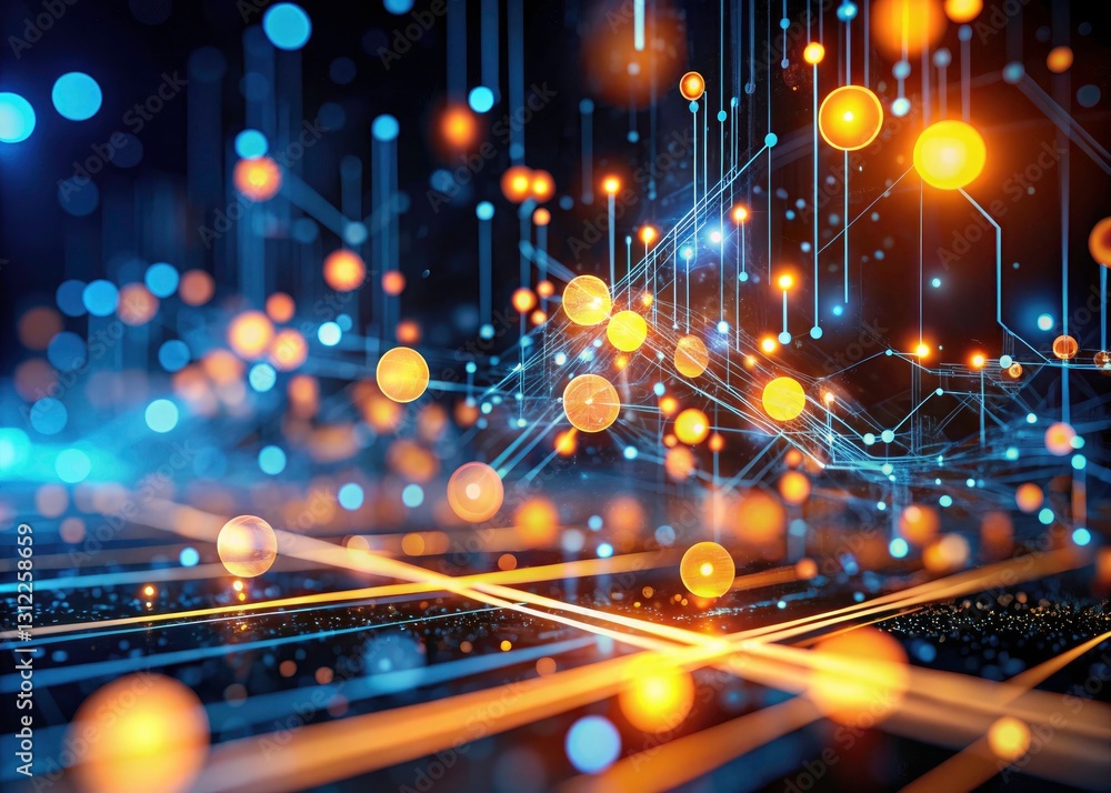 Poster abstract digital data flow: glowing orange blue tech website background bokeh