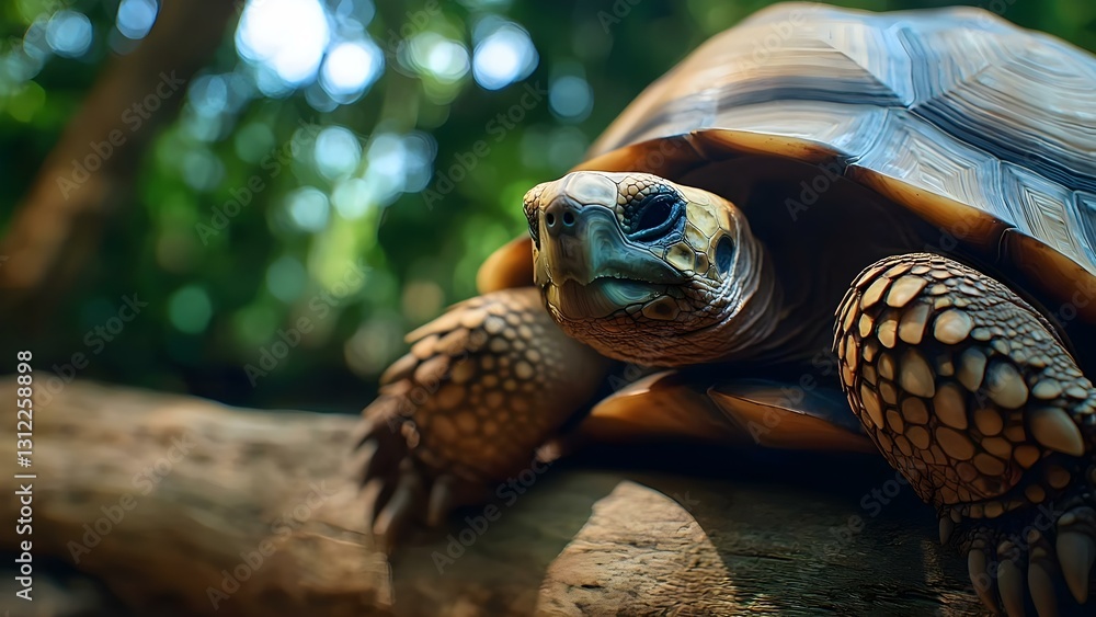 Poster a close-up of a turtle resting on a log, surrounded by greenery and soft natural light. concept turt