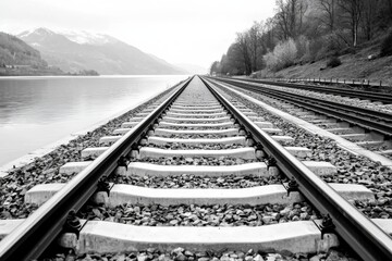 A serene view of railway tracks stretching towards the horizon by a lake