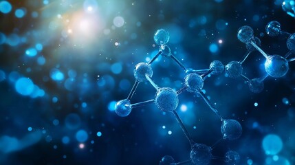 A blue background with a bunch of small blue spheres. The spheres are connected to each other in a way that they look like a molecule. The image has a scientific