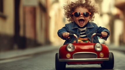 Happy child joyfully riding red toy car on city street wearing denim jacket and sunglasses smiling excitedly