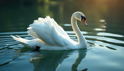 Fototapeta premium Single swan swimming, ripples spreading from its wings, action, water, bird
