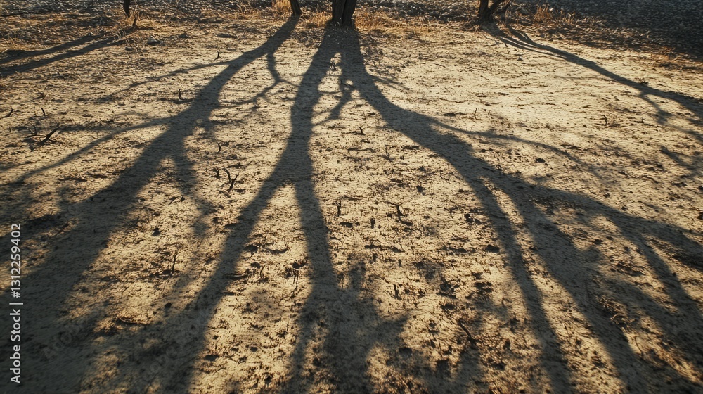 Poster sunlit tree branch shadows create intricate patterns on sandy ground, highlighting natural textures 