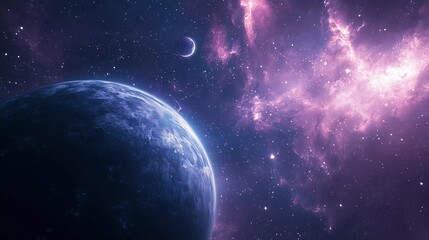 A blue planet with a pink and purple sky. The sky is filled with stars and the planet is surrounded by a cloud of pink and purple
