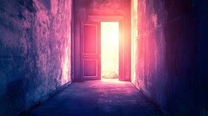 Obraz premium Bright Doorway in a Grunge Hallway Pink and Blue Light