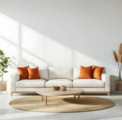 Bright Minimalist Living Room with White Sofa and Orange Pillows