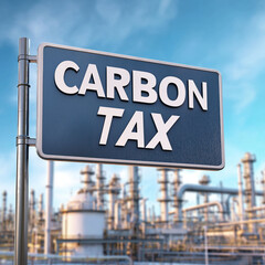 Obraz premium Carbon tax climate change pricing. Environment carbon credits. Greenhouse gases decarbonization. Carbon tax banner featuring industrial pollution background.