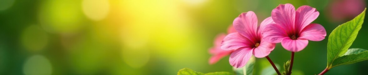 Vibrant blooming flowers, fresh green leaves, soft sunlight , colorful, pastel, abstract