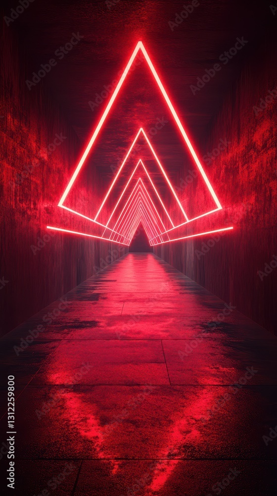 Poster neon-lit corridor featuring bright triangular shapes creating an immersive visual experience