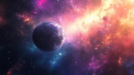 A colorful space scene with a large planet in the center. The planet is surrounded by a cloud of colorful gas and stars. Scene is one of wonder and awe at the vastness