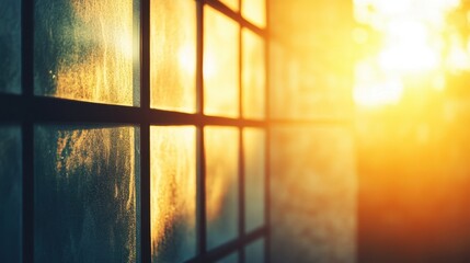 Warm Golden Light Glowing Through Frosted Glass Windows at Sunset
