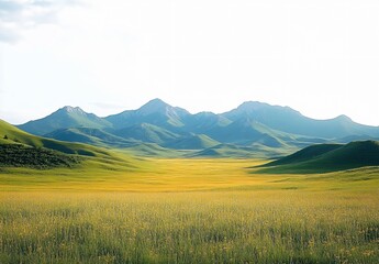 Scenic golden grass landscape with distant mountains, ideal for travel blogs, environmental awareness campaigns, or serene home decor. Perfect for summer and spring themes.