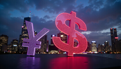 Yuan and Dollar symbols glowing amid a high-tech cityscape, currency evolution