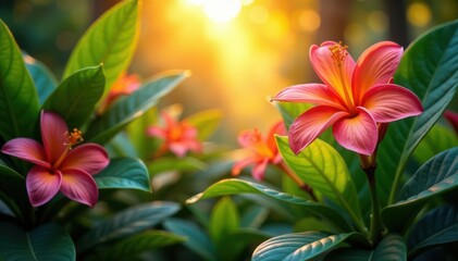 Fototapeta premium Vibrant tropical leaves and flowers in sunset light, summer, flowers, red