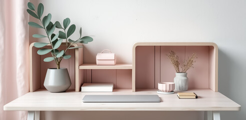 minimalist pink and light wood workspace with laptop and plants