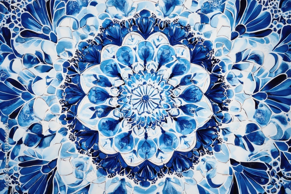 Poster a wall adorned with a delicate pattern of blue and white flowers, creating an elegant and serene atm