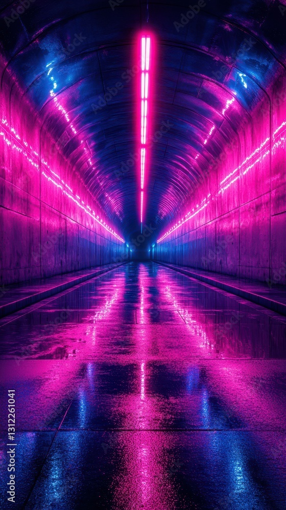 Poster neon-lit tunnel reflecting vibrant colors with wet surface creating a mesmerizing atmosphere