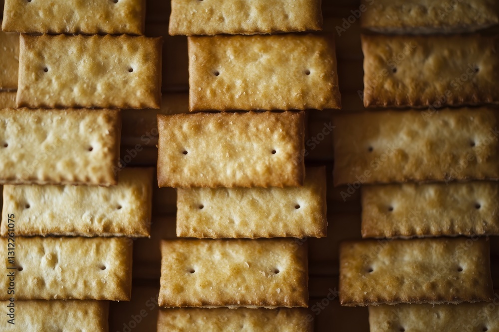 Aufkleber a close-up view of crisp and golden crackers neatly arranged in a uniform pattern on a wooden table,