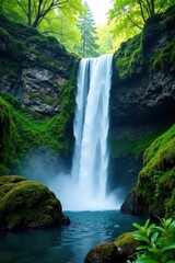 Fototapeta premium Waterfall plunges over moss-covered rocks, lush green valley , green, spring, landscape