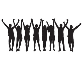 Crowd cheering with raised hands silhouette. Celebration silhouettes the joy of success. A cheerful group illustration