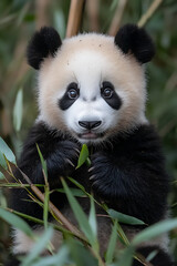 Fototapeta premium a panda is eating bamboo in the green forest,