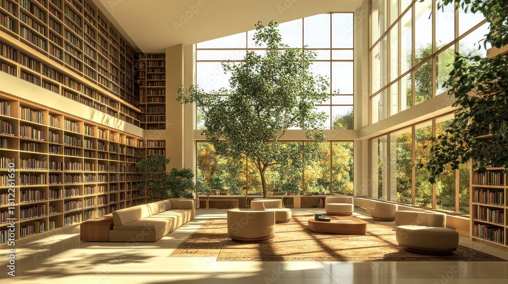 Poster a modern library features large windows and a central tree