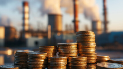 Carbon tax climate change pricing. Environment carbon credits. Greenhouse gases decarbonization. A stack of coins with industrial smokestacks in the background.
