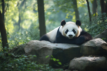 Fototapeta premium a panda is lying on the rock,
