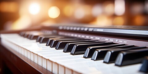 Close up of an electronic piano keyboard with white and black keys. Musical instrument, learning to play the piano, concert, performance concept.