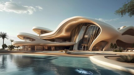 A large, modern building with a pool and a glass facade. The building has a unique, curved design that gives it a sense of movement and fluidity