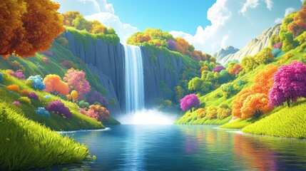 A vibrant landscape scene featuring a cascading waterfall and colorful foliage