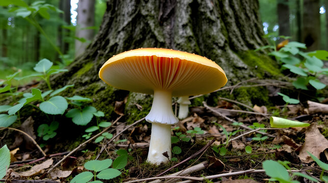 Lactarius quietus in the forest against the background of coniferous cover.