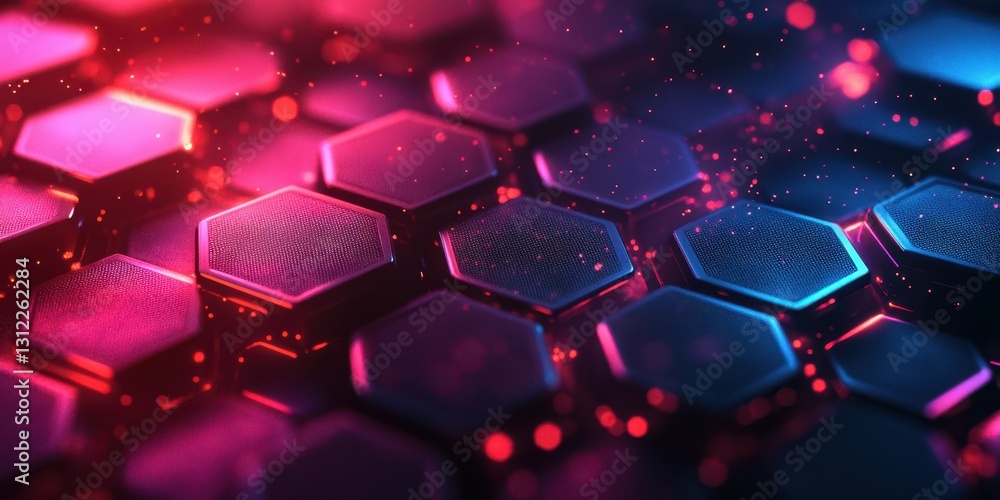 Poster colorful hexagonal patterns illuminated with vibrant light in a digital abstract design at night