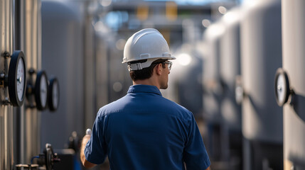 Water Treatment Plant Worker Monitoring Filtration Tanks