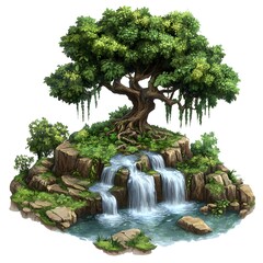 Lush Green Tree and Cascading Waterfall Pixel Art Landscape