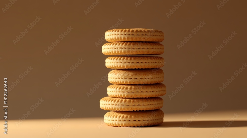 Poster a stack of cookies on a table. the cookies are all the same size and are stacked on top of each othe