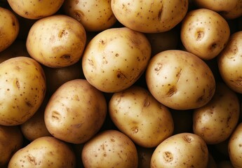 Freshly harvested raw yellow potatoes with earthy skin texture scattered on a surface, showcasing natural imperfections and organic design elements