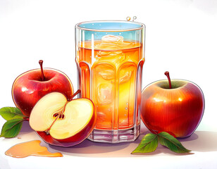 zumo de manzana y manzanas, fondo transparente, hiperrealista, 4k