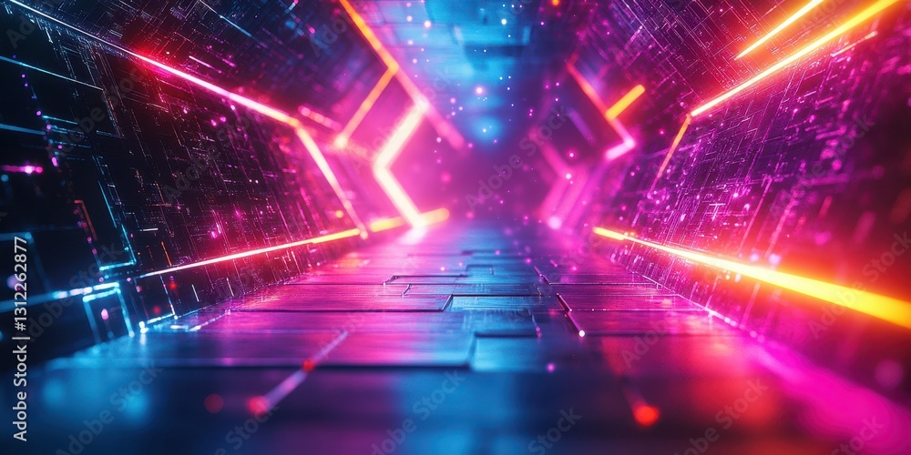 Poster vibrant neon corridor with glowing lines and digital patterns in a futuristic space