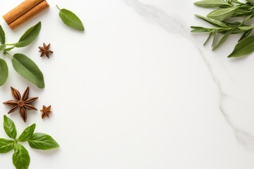 Fresh herbs and spices arranged on a marble surface with copyspace