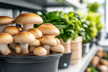 A fully automated mushroom growing system with robotic arms tending to the trays, creating a futuristic farming environment