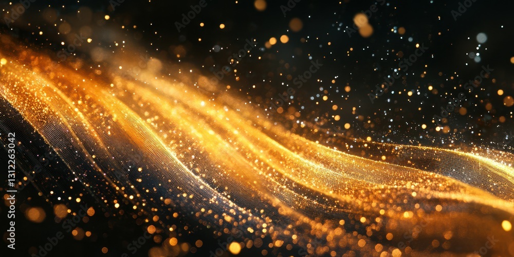 Poster flowing golden dust sparkles against a dark background creating a mesmerizing visual effect during a