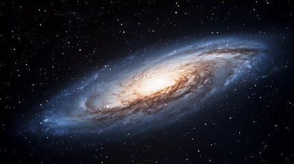 A spiral galaxy with a bright yellow star in the center. The galaxy is filled with stars and is surrounded by a dark blue sky