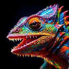 Naklejka premium A vibrant, colorful chameleon with a multi-colored textured skin and striking yellow eye.