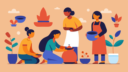 Workshop Scene A small community workshop taking place with individuals engaged in potterymaking showcasing handson creativity and personal enrichment rather than shopping.